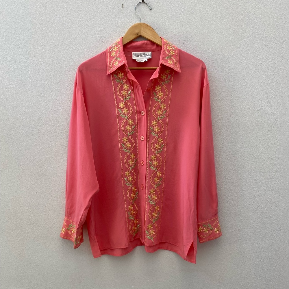 VINTAGE DIANE VON FURSTENBERG peach silk embroidered floral button down shirt
